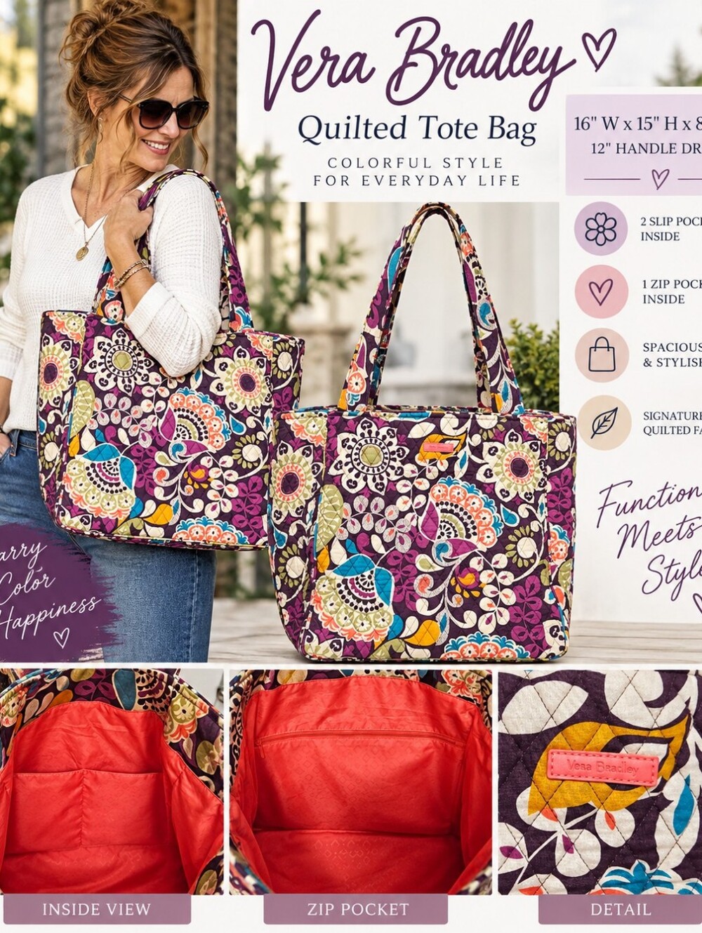 Vera Bradley Quilted Tote - Purple Floral Multi